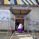Protections over a Sheffield Central Library entrance on Arundel Gate