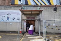 Protections over a Sheffield Central Library entrance on Arundel Gate