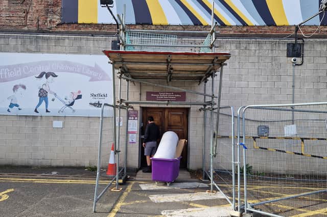 Protections over a Sheffield Central Library entrance on Arundel Gate