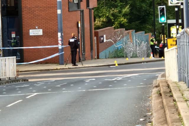 South Yorkshire Police have left markers on the road on Upper Hanover Streegt near the junction with Glossop Road, Sheffield. Photo: David Kessen, Iconic Media