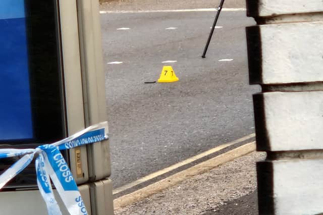 A police marker on Hanover Way, Sheffield,  this morning. Photo: David Kessen, Iconic Media