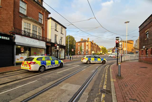 Sheffield Supertram Blue and Yellow routes from Cathedral in the direction of Hillsborough to Middlewood and Malin Bridge are suspended over a police closure at the junction of Upper Hanover Way and West Street (September 21, 2026).