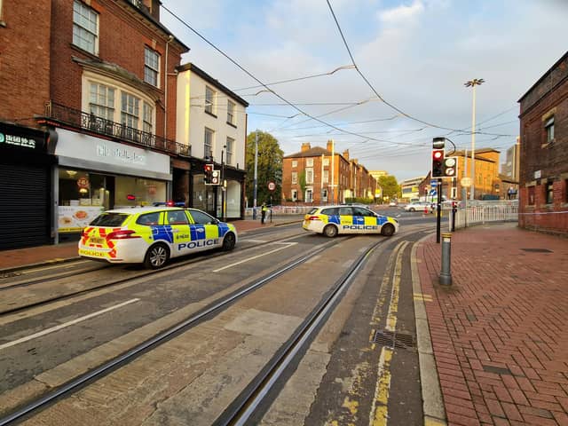 Sheffield Supertram Blue and Yellow routes from Cathedral in the direction of Hillsborough to Middlewood and Malin Bridge are suspended over a police closure at the junction of Upper Hanover Way and West Street (September 21, 2026).