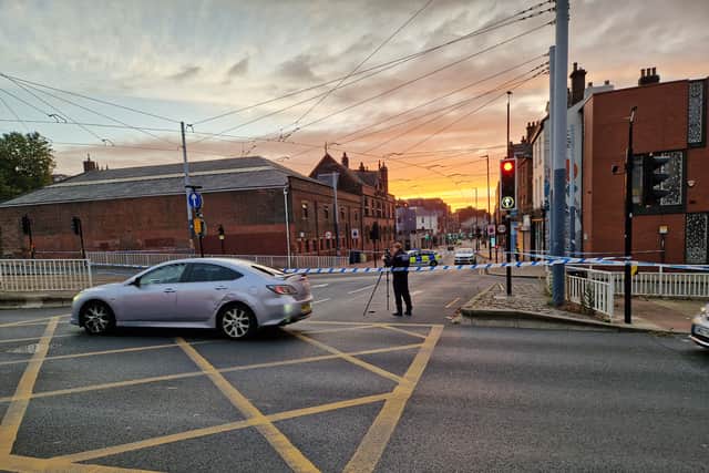 Police investigate the collision on Upper Hanover Street, Sheffield, which left an 18 year old pedestrian fighting for her life. Photo: David Kessen, Iconic Media
