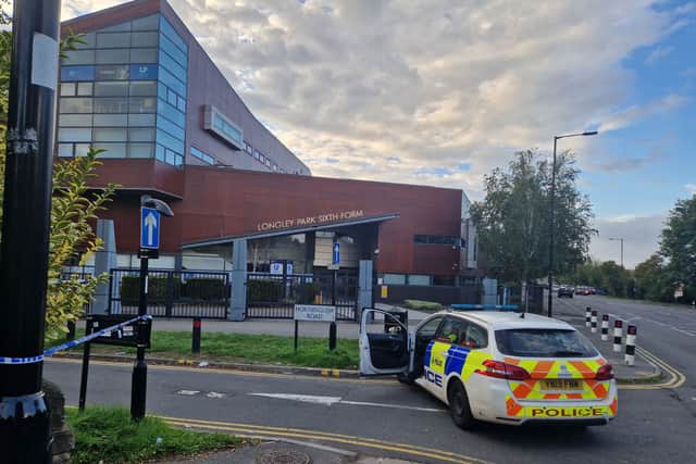 Horninglow Road was closed by police, with the cordon stopping access to Longley Park Sixth Form. Photo: Finn Smith, Iconic Media