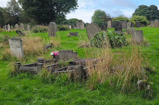 City Road cemetery is seen to have overgrown hedges and grass, reaching people's gravestones.