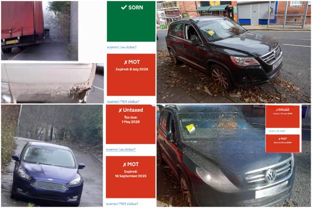 Abandoned vehicles on School Lane, Duke Street and Blagden Street, Park Hill.