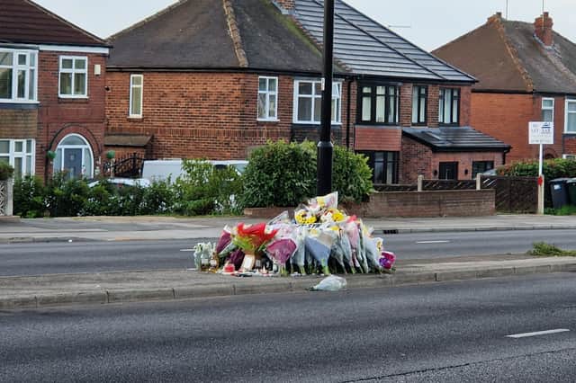 Flowers at the scene of the fatal crash on East Bawtry Road, Rotherham.