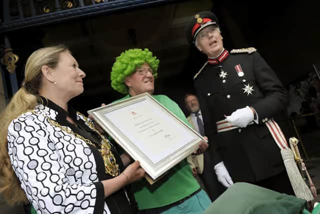 John Burkhill received his BEM at Sheffield Town Hall from the Lord Lieut of South Yorks, David Moody, and the Lord Mayor of Sheffield Councillor Vickie Priestley - July 2013