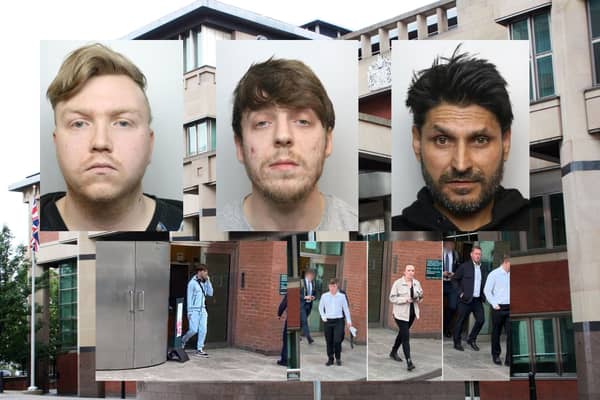 Top row, left to right: Blade Normington; Alex Hill; Gill Dip. Bottom row: Joseph Simpkin leaving court; Leighton Wallhead, Julie Wallhead and Keenan Wallhead leaving court.