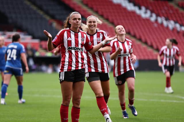 Amy Andrews of Sheffield United celebrates scoring her second goal during the Sheffield United Women vs Durham Women Barclays Women's Super League 2 match at Bramall Lane, Sheffield. Jake Youle / Sportimage