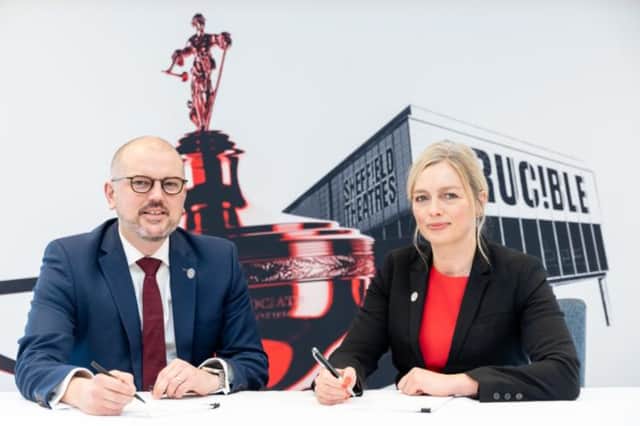 Sheffield Council chief executive, Kate Josephs, and Steve Dawson, chairman of World Snooker Tour, sign a deal to keep World Snooker at the Crucible from 2030 until at least 2045.