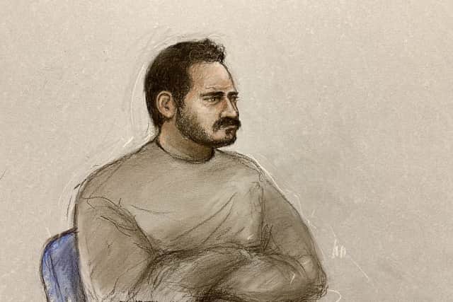 Courtroom sketch of Joshua Kerry at Westminster Magistrates’ Court on October 7. Kerry will appear at the Old Bailey on October 9 charged with murder and preparation of terrorist acts.
