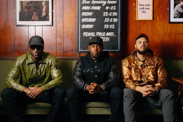 The Sent It Remix with K Dot featuring Dizzee Rascal (and produced by TS7) sees the British hiphop and grime pioneer collaborating with another Sheffield artist.
From L to R: TS7, Dizzee Rascal, K Dot