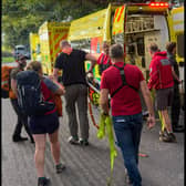 Mountain Rescue teams helped an injured man into an ambulance after he had suffered a mountain bike crash at Greno Woods, Sheffield.Photo: Woodhead Mountain Rescue.