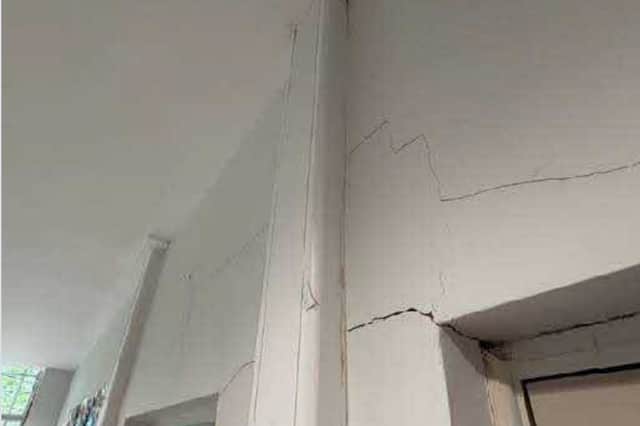 Picture from a report submitted to Sheffield Council show cracks in the 'failed' wall at High Storrs School, Sheffield. Photo: Rider Levett Bucknall