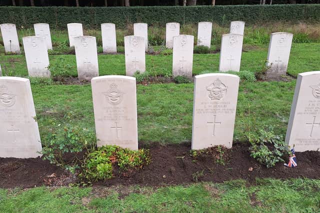 Gravestones of Flying Officer Leslie Markland Hough, Pilot Officer John Henry Tales, Sergeant Henry Charles Burnside and Sergeant John Lawson. Photo: MOD