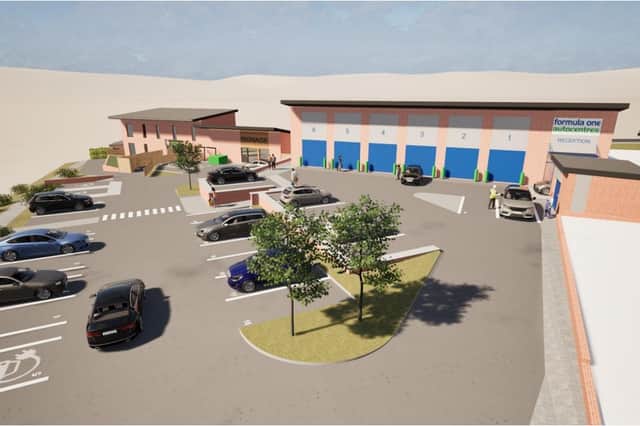 An artists impression show how the new MOT centre would look under plans for part of the former Damon's Restaurant car park near Crystal Peaks, Sheffield. Photo: AAD Architects