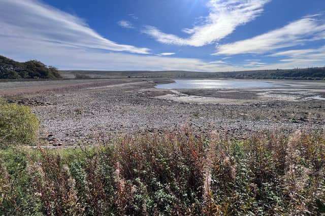 Low water level at Redmires Reservoir in Sheffield as Environment Agency declares a drought.