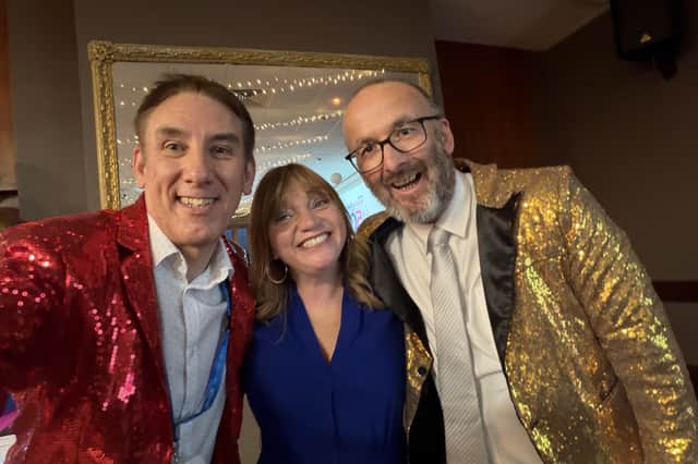 Paul Denton with Kate Bottley and Michael Harper at the Sheffield Hospital Radio celebration
