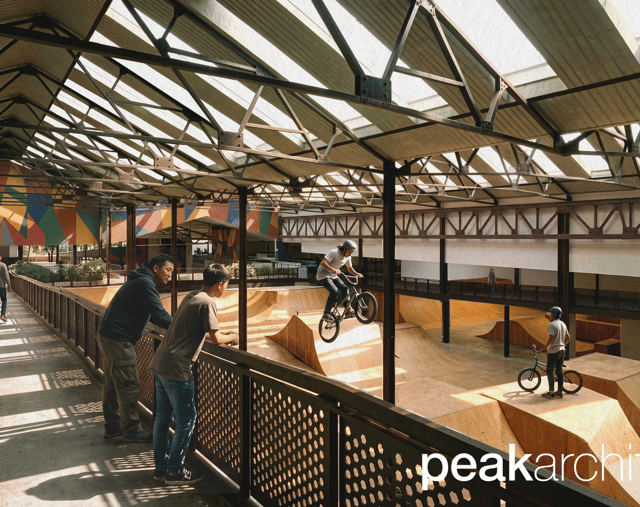 This is how the Onboard Skate Park will look when it  opened, with this picture showing an artist's impression of BMX action. Photo: Peak Architects
