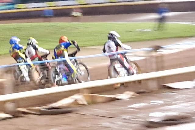 Jye Etheridge, Tate Zischke, Josh Pickering and Jason Doyle head into the first bend at Owlerton in Sheffield's  Speedway Premiership Grand Final first leg at Owlerton. Photo: Iconic Media