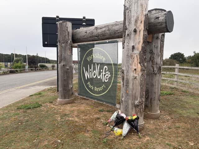Yorkshire Wildlife Park: flowers are laid following the death of a man inside the park's tiger enclosure (photo, PA)