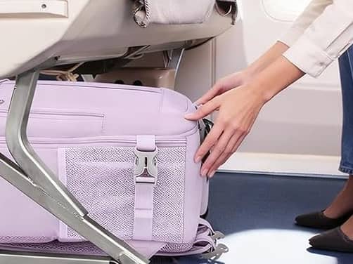 The 20-litre cabin backpack is available in purple and black and features multiple compartments for travel essentials.