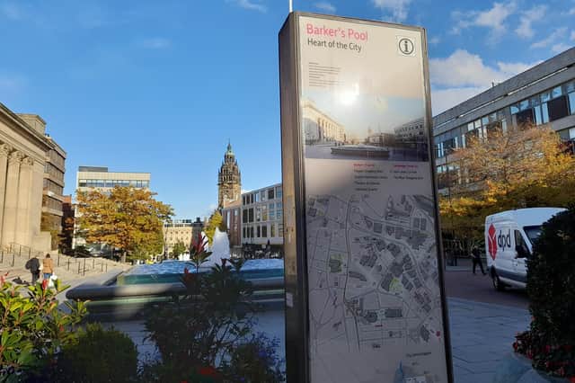 A 'totem' sign in Barkers Pool in Sheffield city centre - more are on the way to help visitors find their way