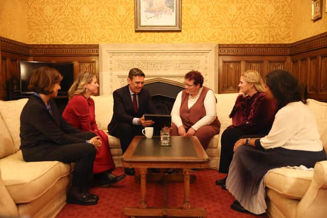 L-R: Courts Minister Sarah Sackman, Penistone and Stocksbridge MP Marie Tidball, Prime Minister Andy Burnham, Claire Throssell, Victims Minister Alex Davies-Jones, Women's Aid CEO Farah Nazeer. Credit: Marie Tidball
