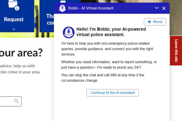 South Yorkshire Police introduced the AI assistant 'Bobbi' on October 1 and say that it has dealt with hundreds of non-emergency requests in only a few weeks