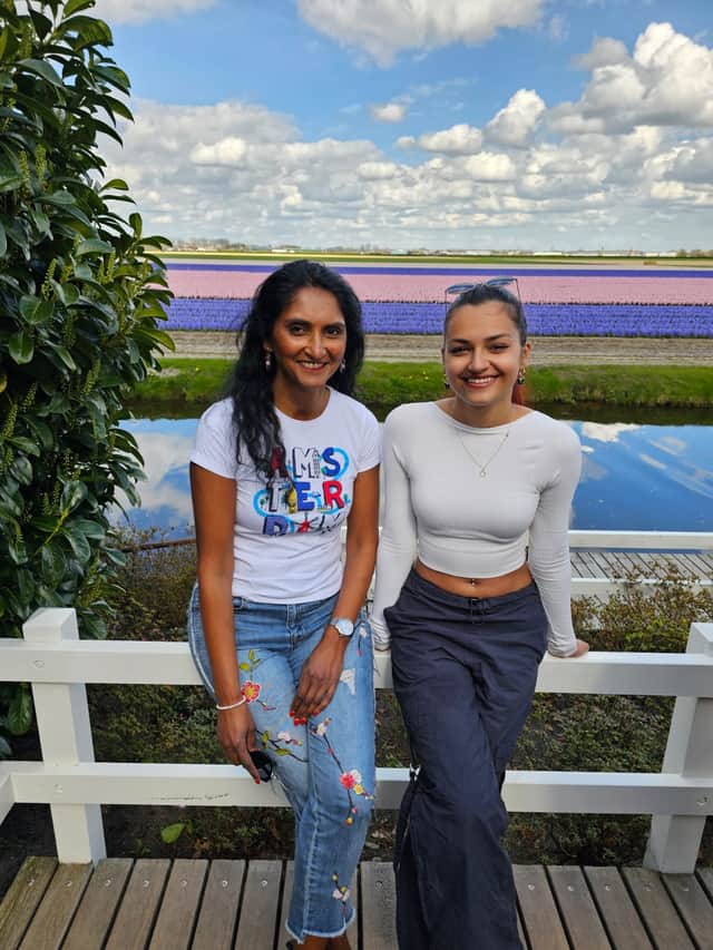 Mum, Pam Daniels with her daughter, Yasmin Daniels at the tulip festival in Amsterdam