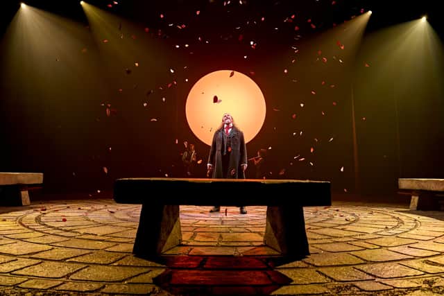 The director, Jamie Glover skillfully integrates composer Genevieve Dawson's live score and haunting vocals, effortlessly delivered by David Birrell's Fool (pictured), only serve to enrich the production's surreal and at times absurd atmosphere without ever weighing it down.