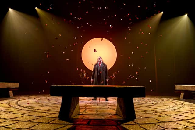 The director, Jamie Glover skilfully integrates composer Genevieve Dawson's sound design. It is showcased effortlessly at many points by David Birrell's Fool (pictured), and only serves to enrich the production's surreal and at times absurd atmosphere.