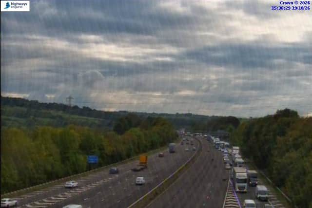 picture shows queueing traffic leaving the M1 near Junction 29 this afternoon. Photo: National Highways