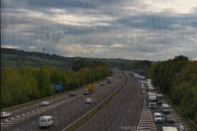 picture shows queueing traffic leaving the M1 near Junction 29 this afternoon. Photo: National Highways