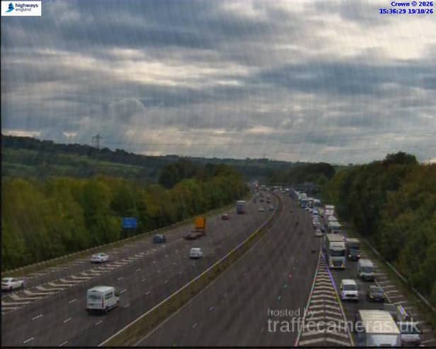 picture shows queueing traffic leaving the M1 near Junction 29 this afternoon. Photo: National Highways
