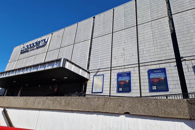 The O2 Academy Sheffield, on Arundel Gate, with posters flagging its re-opening in February. Photo: David Kessen, Iconic Media