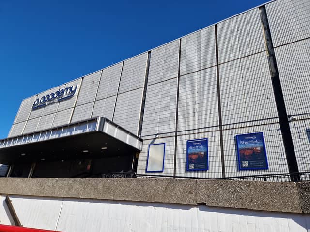 The O2 Academy Sheffield, on Arundel Gate, with posters flagging its re-opening in February. Photo: David Kessen, Iconic Media