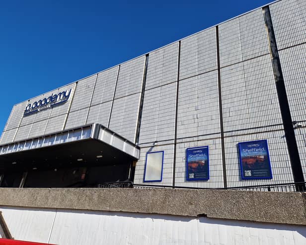 The O2 Academy Sheffield, on Arundel Gate, with posters flagging its re-opening in February. Photo: David Kessen, Iconic Media