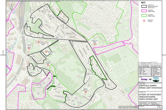A map showing the proposed 20mph zone covering Arbourthorne and Norfolk Park, Sheffield