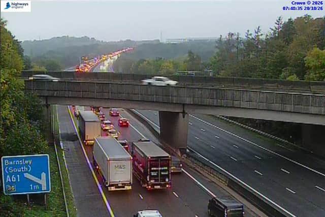 Traffic jams on the M1 near Sheffield at the junction with the A61. Photo: National Highways