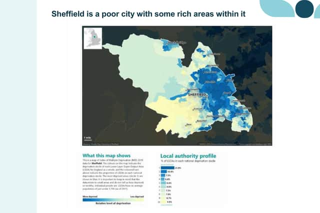 A Sheffield City Council image showing levels of deep poverty by area - worst-hit areas are in dark blue