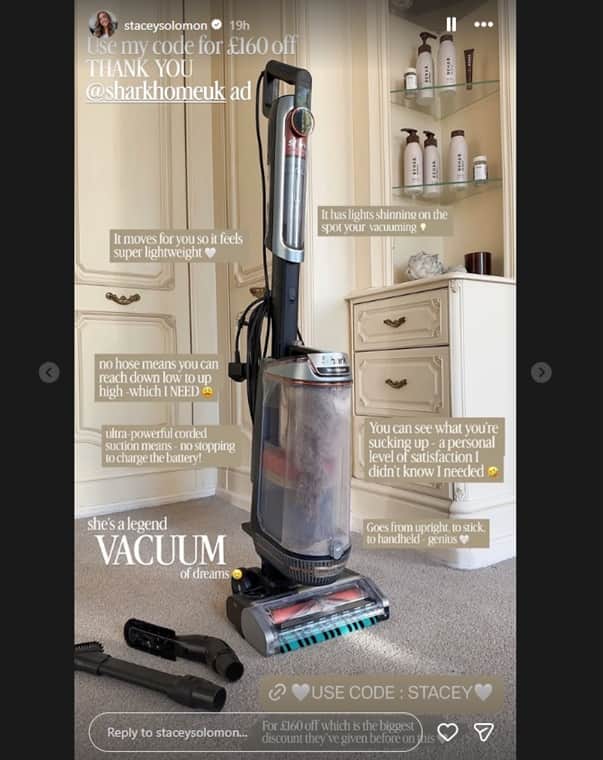 Stacey Solomon has spoken about her love for the Shark PowerDetect Transformer PowerTrio vacuum on her Instagram page - and she's offering a discount code.