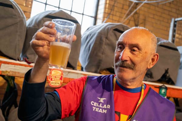 Robert Douglas checking a cloudy IPA for the Steel City 50 beer festival at Kelham Island Museum.
