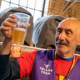 Robert Douglas checking a cloudy IPA for the Steel City 50 beer festival at Kelham Island Museum.