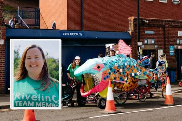 Linda Bloomfield (inset), and the trout artwork. Photo: RivelinCo