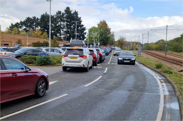 Gridlock leaving the Sainsbury's car park at Crystal Peak after the tram service was suspended.