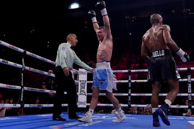 Dalton Smith (left) celebrates at the end of the 12th round after his WBC World Super Lightweight Title Contest against Alberto Puello at Utilita Arena Sheffield.