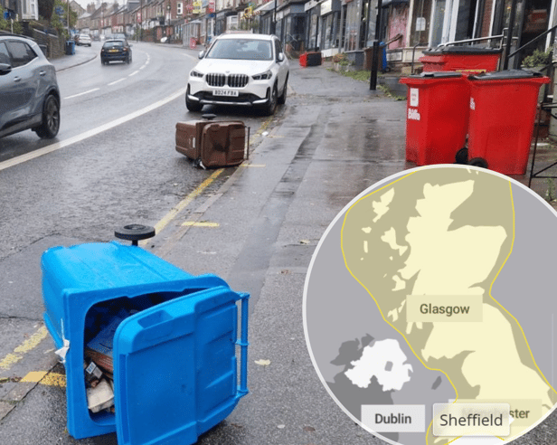 Bins blown over on Sheffield's Ecclesall Road